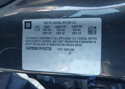 2015 Buick Verano Convenience Group from USA, damaged, VIN 1G4PR5SK1F4162720